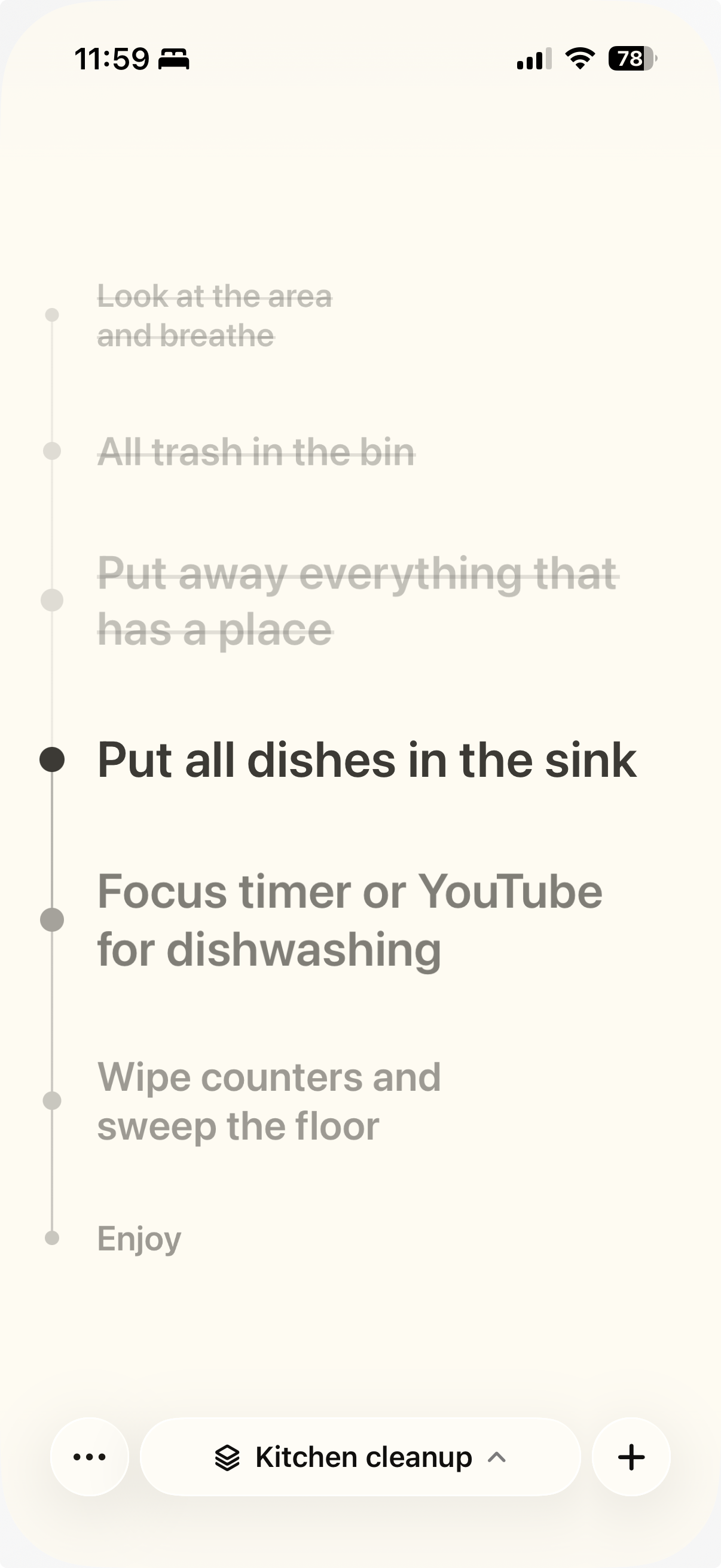 On My Mind showing a kitchen cleanup broken into calm, repeatable steps, with the current step bold